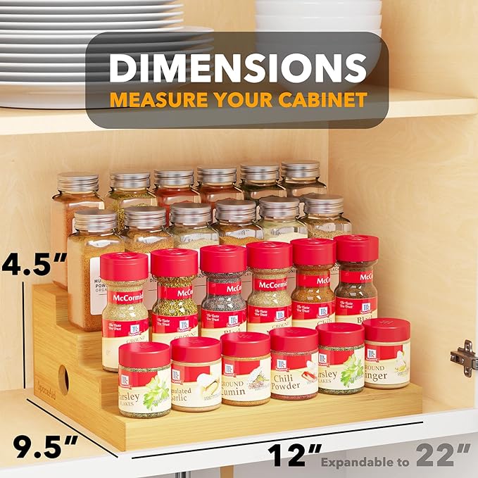 SpaceAid 4 Tier Bamboo Spice Rack Organizer for Cabinet, Kitchen Pantry Spices Storage Rack for Cabinets Organization, Home Seasoning Tiered Can Goods Racks Wood Shelf Organizers (4 Tier, Natural)
