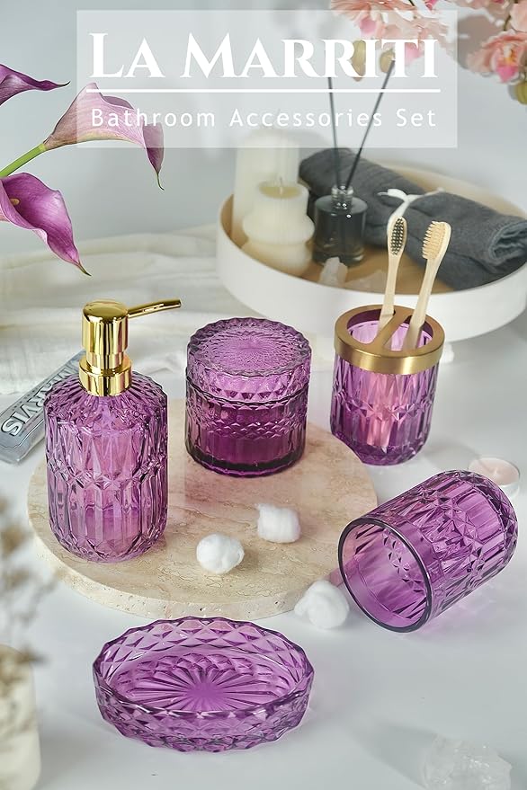 Purple Bathroom Accessories Set, 5Pcs Clear Glass Bathroom Accessories, Crystal Lotion Soap Dispenser, Toothbrush Holder Set, Soap Dish, Qtip Holder, Tumbler for Modern Bathroom Decor