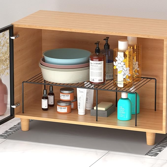 Redrubbit Cabinet Storage Shelf Rack, 4 Piece Expandable Metal Rustproof Kitchen Counter and Cabinet Shelf, Storage Rack Organizer Space Saver for Kitchen, Fridge, Cabinet, Bathroom, Black, Set of 2