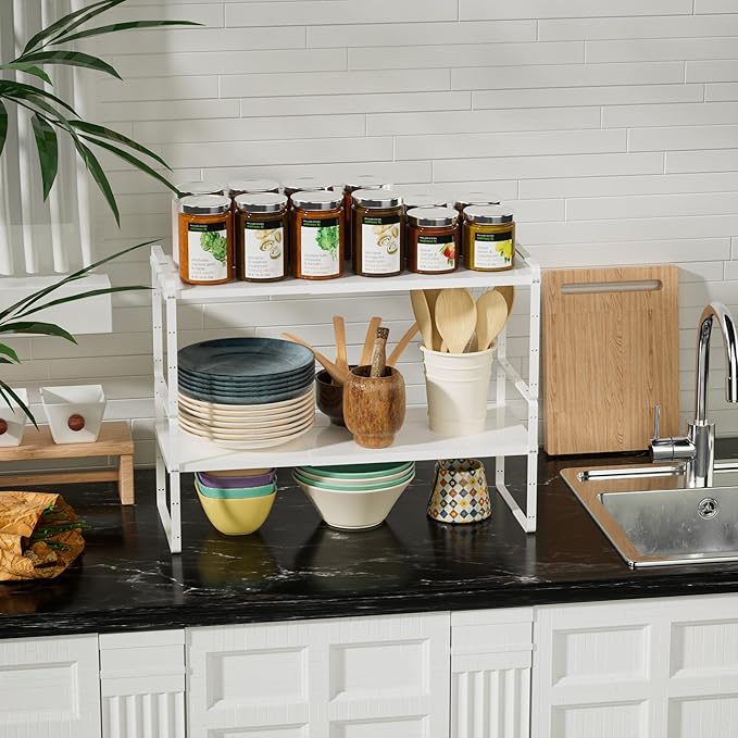 Cabinet Organizer Shelves,Expandable Pantry Counter Inside Cabinet Shelves,Stackable Spice Racks,Storage Shelves for Kitchen Bathroom Under Sink Office,White,D:8.07",3 Packs