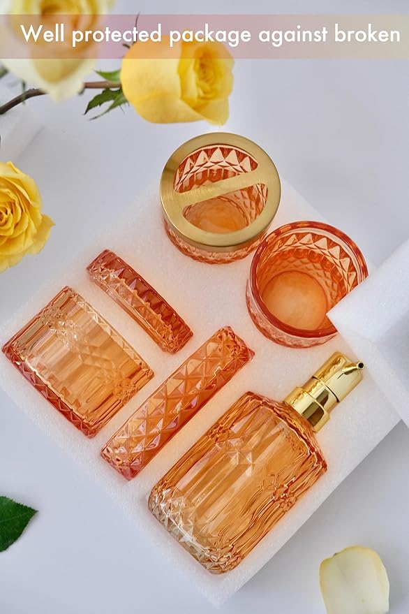 Orange Bathroom Accessories Set, 5Pcs Clear Glass Bathroom Set, Lotion Soap Dispenser, Soap Dish, Tumbler, Toothbrush Holder Set, Qtips Holder for Crystal Vintage Bathroom Countertop