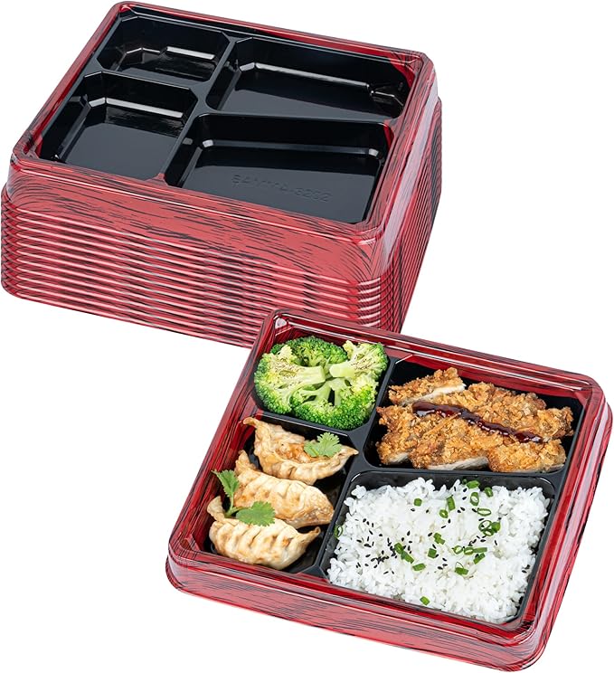 Restaurantware-Bento Tek 18.6 Ounce Meal Prep Containers, 50 Disposable To Go Food Boxes - Lids Sold Separately, 4 Compartments, Red And Black Plastic Bento Lunch Boxes, Freezable, For Take Out