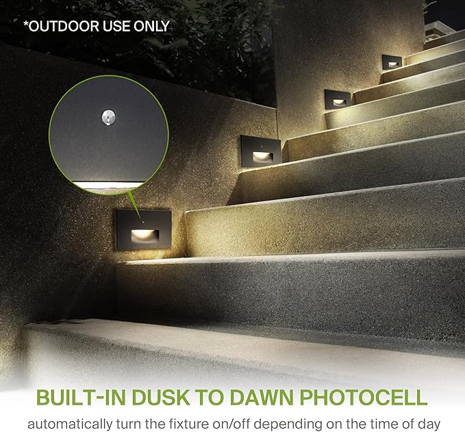 ASD LED Recessed Step Light Fixture, Dusk to Dawn Outdoor Stair Tread Lighting | 3CCT, Photocell, Waterproof, ETL Listed | 3W 120LM 3000K-5000K 120V | Staircase Hardwired Illumination | White, 4 Pack