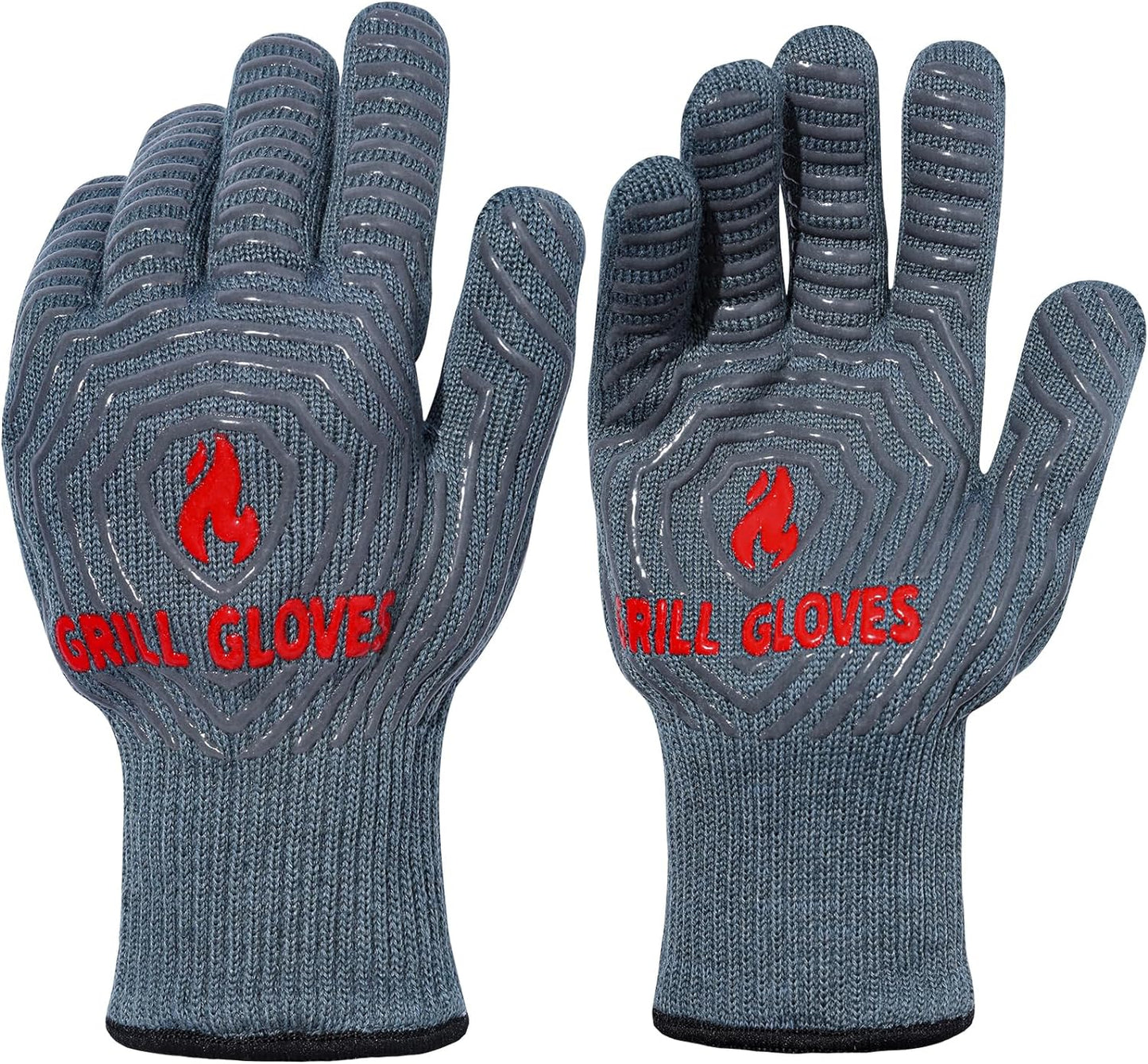 QUWIN BBQ Gloves, Oven Gloves 1472℉ Extreme Heat Resistant, Grilling Gloves Silicone Non-Slip Oven Mitts, Kitchen Gloves for BBQ, Grilling, Cooking, Baking-1 Pair… (Grey, One Size Fits Most)
