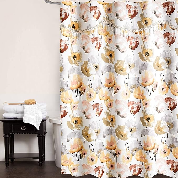Zahari Home 13pc Poppy Fields Bathroom Shower Curtain Set Yellow Shower Curtain & 12 Shower Curtain Hooks Luxury Contemporary Colorful Shower Curtain Unique Design Stylish Shower Curtain Set