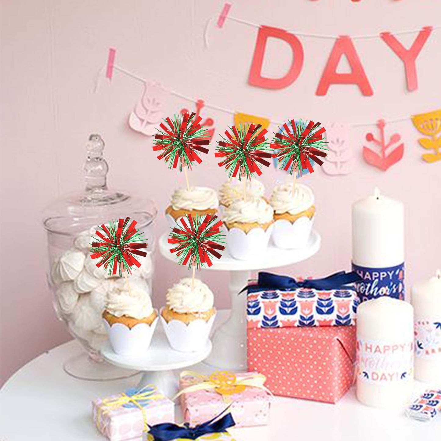 30 PCS Foil Firework Cupcake Toppers Sparkle Tinsel Cupcake Picks Happy Birthday Cake Decorations Drink Stirrers Cocktail Food Fruit Toothpicks for Baby Shower Graduation Party Supplies Red Green