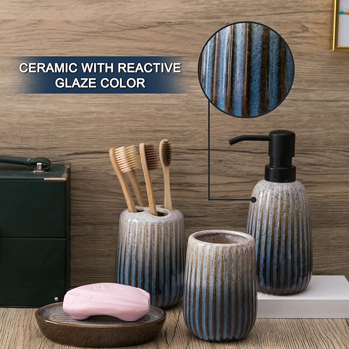 Bathroom Accessories Sets Complete -Set 4 Pcs, Ceramic Bathroom Accessory Bath Ensemble Includes Soap Dispenser, Toothbrush Holder, Toothbrush Cup, Soap Dish for Modern Bathroom Home Decor