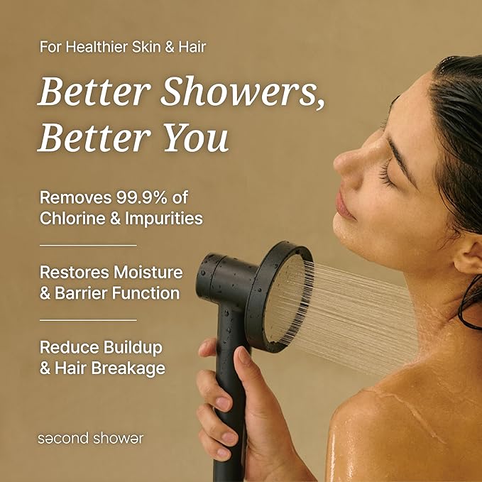 SecondShower Filtered Shower Hand | Clinically Proven for Skin Health, NSF Certified, SPA Grade High Pressure, Seoul Engineered Natural Filtration for Skin & Hair Care, Matte Black