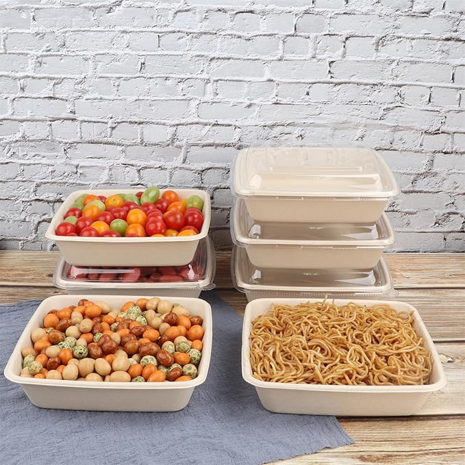 34 oz Square Disposable bowls with lids,Sugarcane Fibers Bowls take away food containers Plant Fibers Freezer Safe 25 Pack