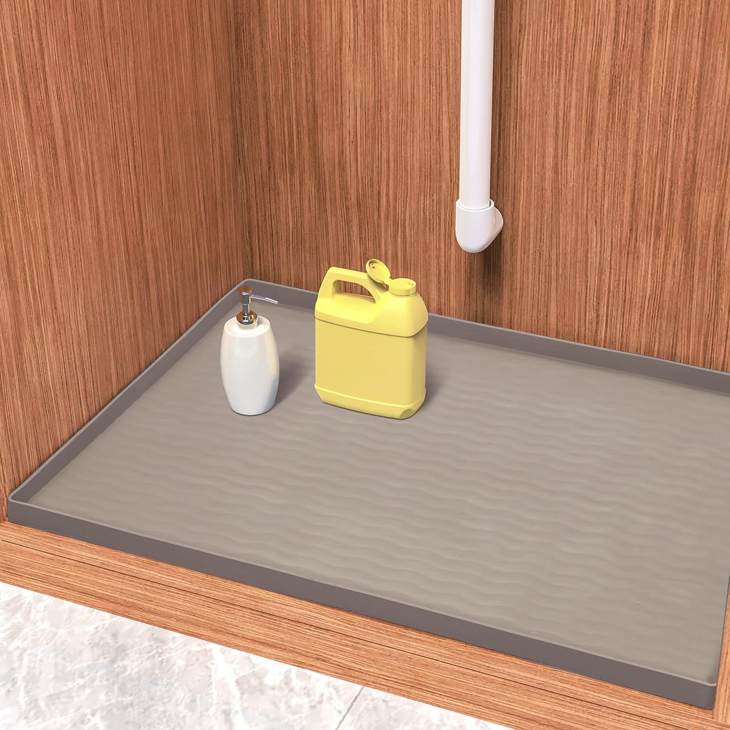 URMONA Waterproof Silicone Under Sink Mat 28'' x 19'' Shelf Liner for Kitchen and Bathroom, Cabinet and Counter Protector, Storage and Organizers, Litter Mat, Pet Cat Puppy Essentials(Beige)