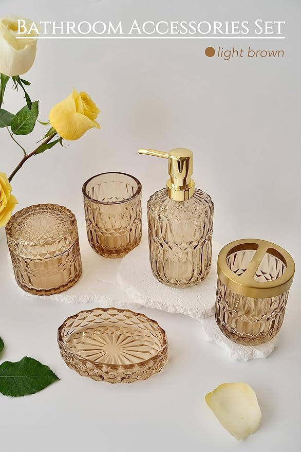 Brown Bathroom Accessories Set, 5Pcs Clear Glass Bathroom Accessories, Lotion Soap Dispenser, Toothbrush Holder Set, Soap Dish, Qtip Holder, Tumbler, Vintage Bathroom Set, Vanity Organizer