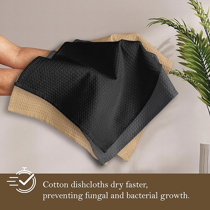 Waffle Dishcloths, 12x12 Inch, Soft, Absorbent, Durable, Quick Drying, Reusable, 100% Cotton, Ideal for Cleaning, Towels, Multipurpose Use, Set of 12, Black,Grey, Beige