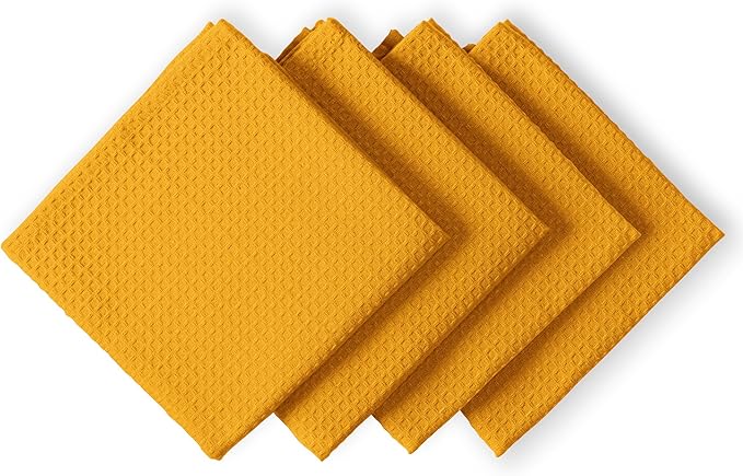 Mustard Yellow Waffle Kitchen Towels, 16x26 Inches, Absorbent, Soft, Durable, 100% Cotton, Fast Drying, Machine Washable, Reusable, Perfect for Cleaning, Multipurpose Towels, Set of 4