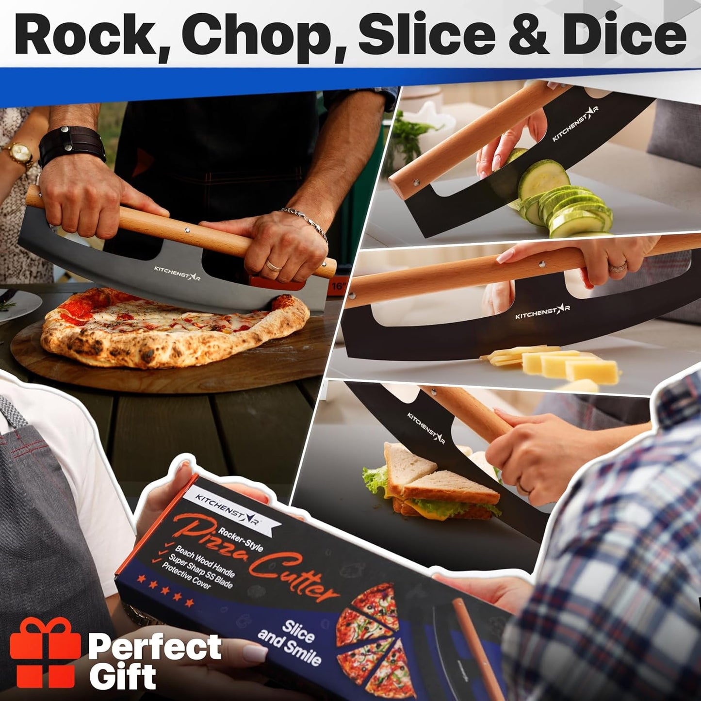 KitchenStar 14-Inch Pizza Cutter Rocker Blade - Razor Sharp Stainless Steel Slicer Knife, Stylish Beech Wood Handle, Protective Cover - Professional Pizza Oven Accessories, Black
