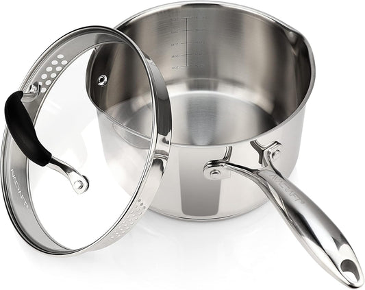 AVACRAFT Stainless Steel Saucepan with Glass Lid, Strainer Lid, Two Side Spouts for Easy Pour with Ergonomic Handle, Multipurpose Sauce Pan, Sauce Pot (5-Ply Capsule Bottom, 3.5 Quart)