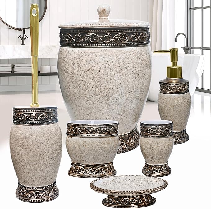 6 Pieces Bathroom Accessories Set Including Trash Can, Cup, Toothbrush Holders, Soap Dishes, Soap Dispenser and Toilet Brush, Home Decoration, Retro Style