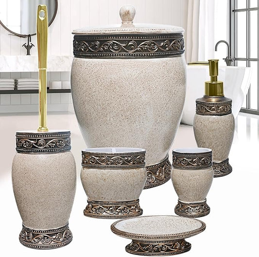 6 Pieces Bathroom Accessories Set Including Trash Can, Cup, Toothbrush Holders, Soap Dishes, Soap Dispenser and Toilet Brush, Home Decoration, Retro Style