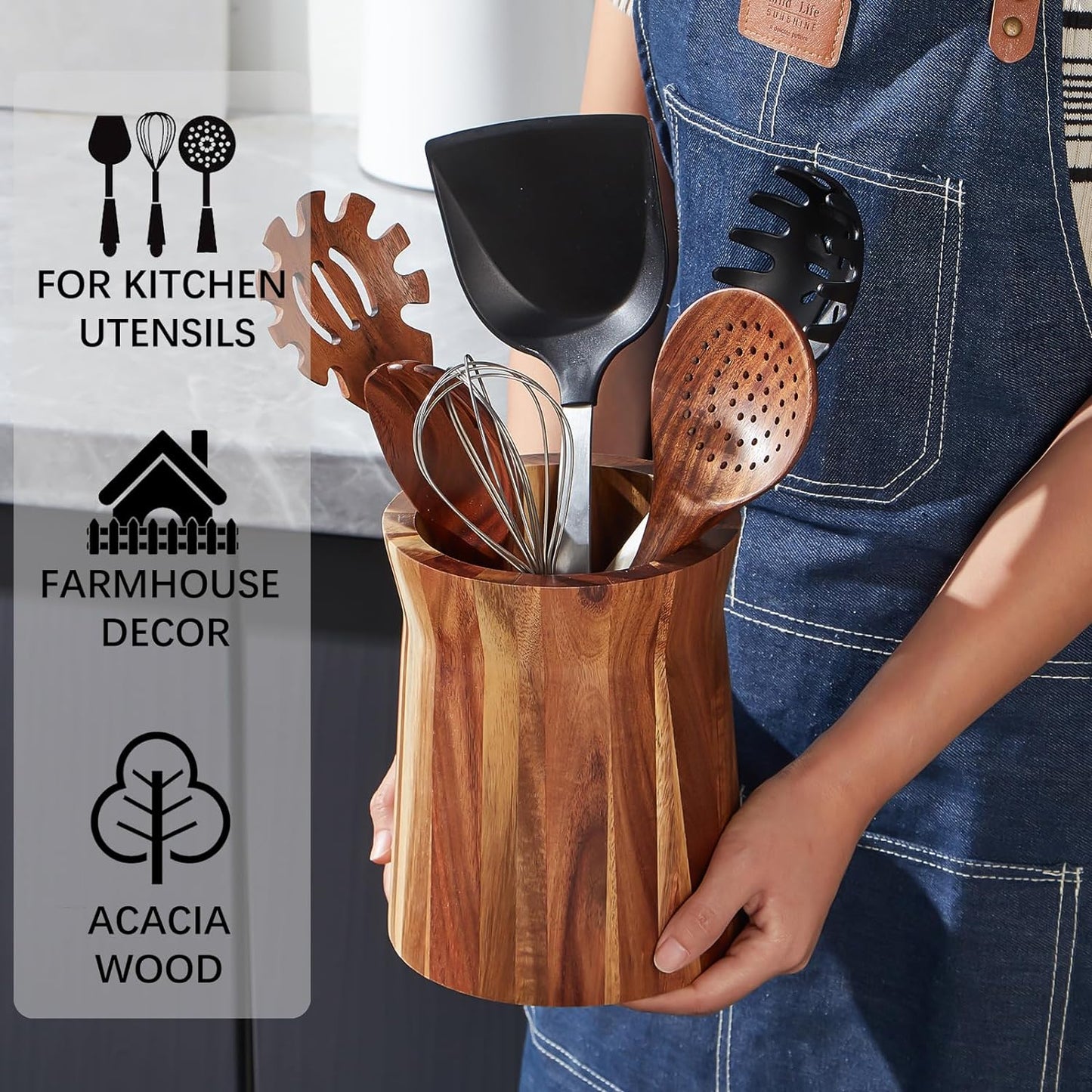 Wooden Utensil Holder for Countertop, 360° Rotating Kitchen Utensil Holder, 7.2"x 6" Large Acacia Wood Crock, Farmhouse Kitchen Decor