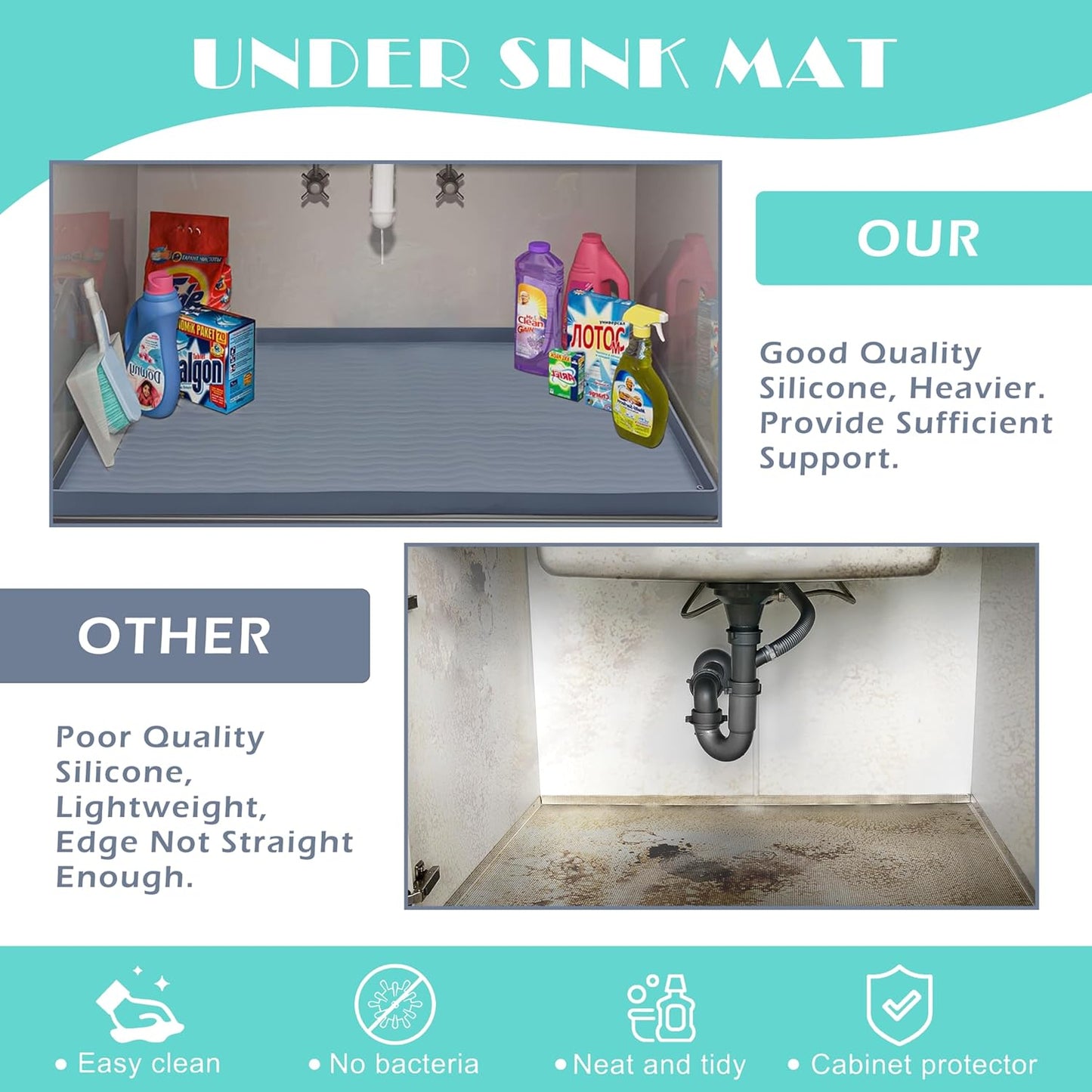 URMONA Waterproof Silicone Under Sink Mat 28'' x 19'' Shelf Liner for Kitchen and Bathroom, Cabinet and Counter Protector, Storage and Organizers, Litter Mat, Pet Cat Puppy Essentials(Light Grey)