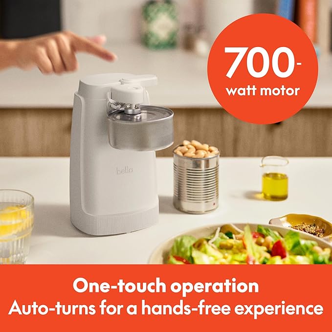 bella Electric Can Opener and Knife Sharpener, Multifunctional Jar and Bottle Opener with Removable Cutting Lever and Cord Storage, Stainless Steel Blade, Oatmilk