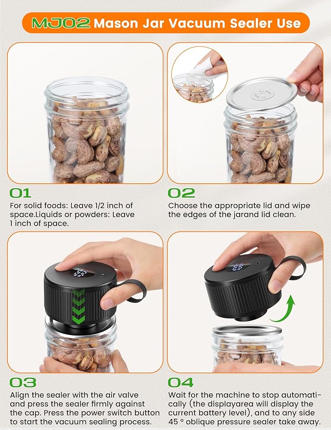 Electric Mason Jar Vacuum Sealer, MJ02 Cordless Automatic Mason Jars Vacuum Sealer Kit for Wide Mouth and Regular Mouth Mason Jars with 20 Air Valve Mason Lids & 2 Vacuum Bags