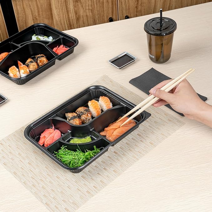 Restaurantware-Bento Tek 26.2 Ounce Meal Prep Containers, 100 Disposable To Go Food Boxes - Lids Sold Separately, 5 Compartments, Black Plastic Bento Lunch Boxes, Microwavable, Freezable