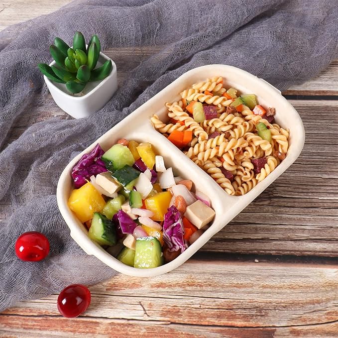 23 oz Disposable bowls with lids, 2 compartments Sugarcane Fiber Food Container Food Storage 50 Pack
