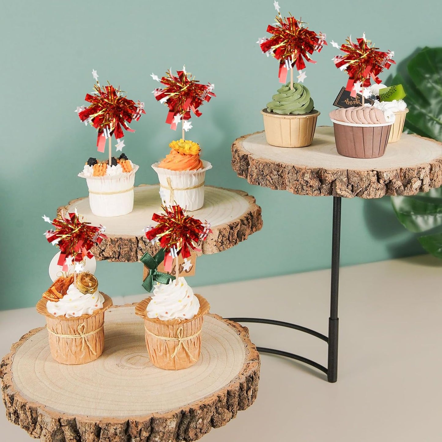 30 PCS Foil Firework Cupcake Toppers Happy Birthday Star Cupcake Picks Sparkle Tinsel Drink Stirrers Cocktail Fruit Toothpicks for Valentine's Day Wedding Birthday Party Decorations Supplies Red Gold