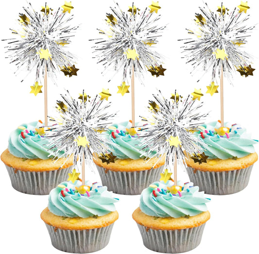 30 PCS Foil Firework Cupcake Toppers Happy Birthday Star Cupcake Picks Sparkle Tinsel Drink Stirrers Cocktail Fruit Toothpicks for Valentine's Day Wedding Birthday Party Decorations Supplies Silver