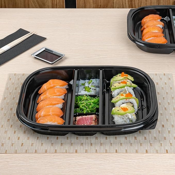 Restaurantware-Bento Tek 50.7 Ounce Meal Prep Containers, 50 Disposable To Go Food Boxes - Lids Sold Separately, 5 Compartments, Black Plastic Bento Lunch Boxes, Freezable, For Take Out