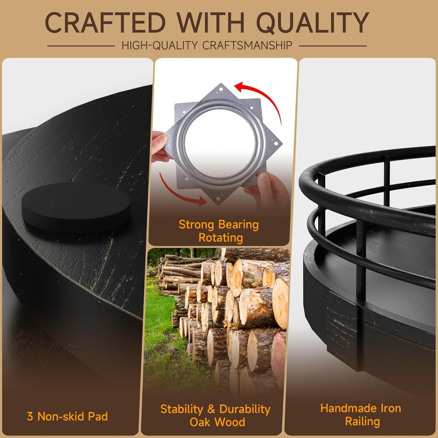 10" Oak Bathroom Vanity Tray Turntable for Perfume Candle, Round Wooden Decorative Tray for Kitchen Sink Countertop Organizer, Bathroom Counter Organizer for Skincare Makeup, Farmhouse Black Gold