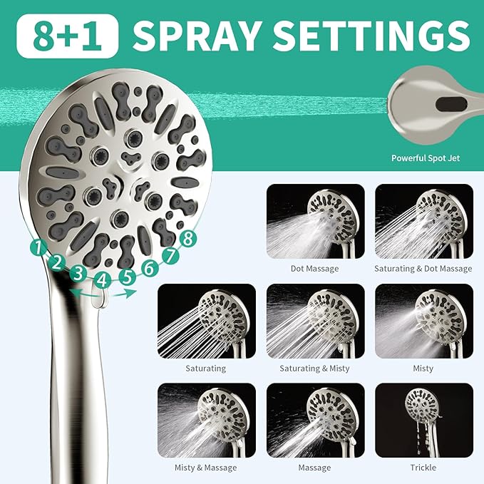 Filtered Shower Head with Handheld Combo, Hard Water Filter Shower Head with 9 Shower Modes, Dual Shower Heads High Pressure, Shower Filters to Remove Chlorine and Fluoride (Brushed Nickel)