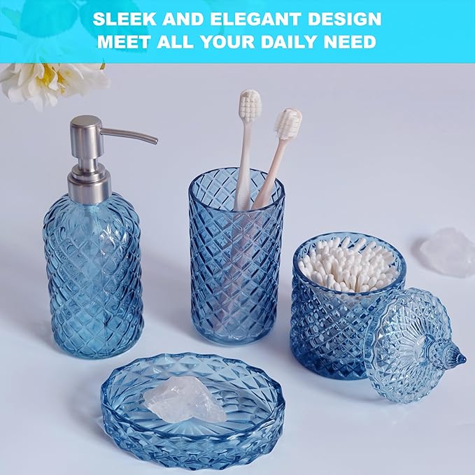 Blue Bathroom Accessories Set, 4Pcs Clear Glass Bathroom Accessory Set, Lotion Soap Dispenser, Toothbrush Holder Set, Soap Dish, Qtip Holder for Vintage Crystal Bath Decor, Light Blue