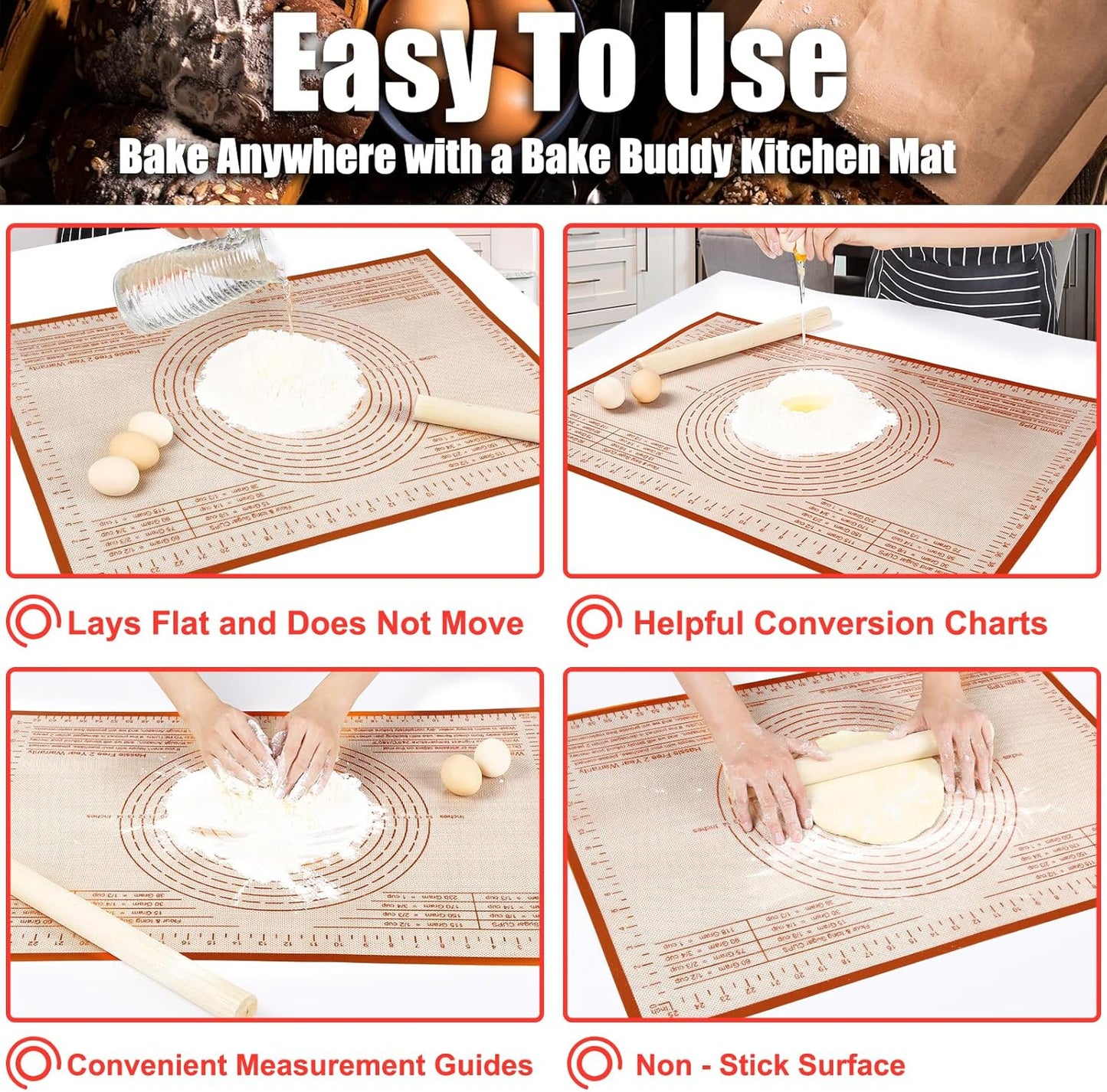 Silicone Pastry Mat 34X26 Inch Extra Large Baking Mat with Measurements for Dough Rolling, Kneading Board, Kitchen Counter Mats for Dough, Pastry, Fondant, Pie Crust, Cookies, Bread, Pasta, Pizza