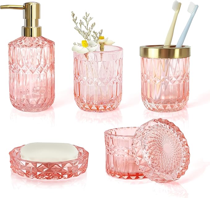 5pcs Clear Glass Bathroom Accessories Set, Crystal Pink Bath Decor with Soap Dispenser, Toothbrush Holder Set, Soap Dish, Tumbler, Qtips Holder, Modern Decor for Bathroom, Vintage Gift Set
