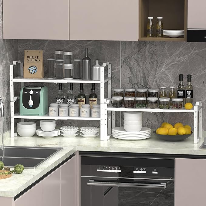 Expandable Shelf for Cabinet Organizer Adjustable Stackable Spice Rack at Kitchen and Bathroom More, (1 Pack/White, Medium)