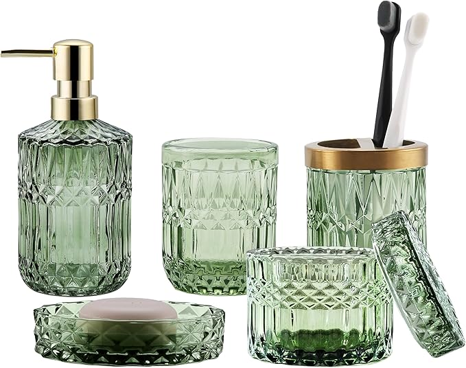 Green Bathroom Accessories Set, 5Pcs Clear Glass Bathroom Accessories, Hand Soap Dispenser, Soap Dish, Toothbrush Holder Set, Tumbler, Qtips Holder for Modern Crystal Bath Countertop Decor