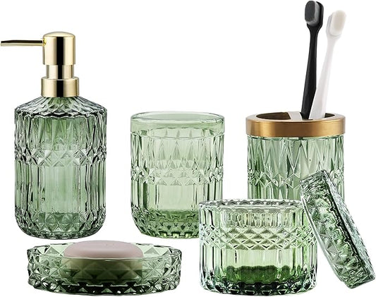 Green Bathroom Accessories Set, 5Pcs Clear Glass Bathroom Accessories, Hand Soap Dispenser, Soap Dish, Toothbrush Holder Set, Tumbler, Qtips Holder for Modern Crystal Bath Countertop Decor