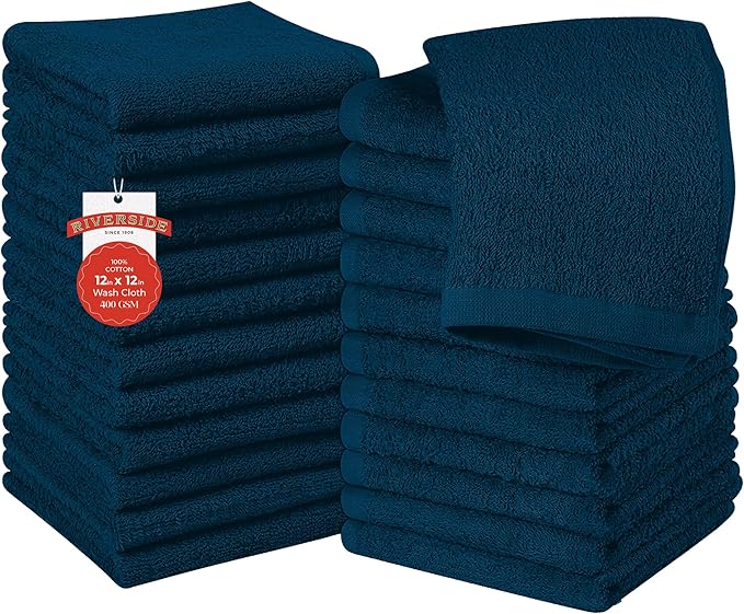 RIVERSIDE 24 Pack Washcloths Set - 100% Cotton [12x12 Inches] - Soft, Quick-Dry & Highly Absorbent Face Towels - Perfect for Bathroom, Gym, Hotel, Spa & Travel - Opal Blue