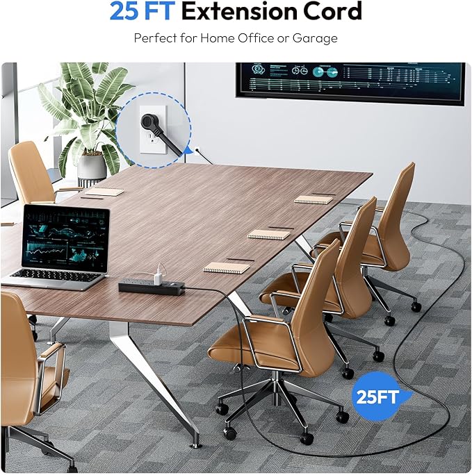 NTONPOWER 25 Ft Extension Cord ETL, 2100J Surge Protector Power Strip, 1875W/15A Overload Protection, 10 Outlets with 2 USB Ports, Wall Mountable for Workbench, Home, Office or Garage, Black