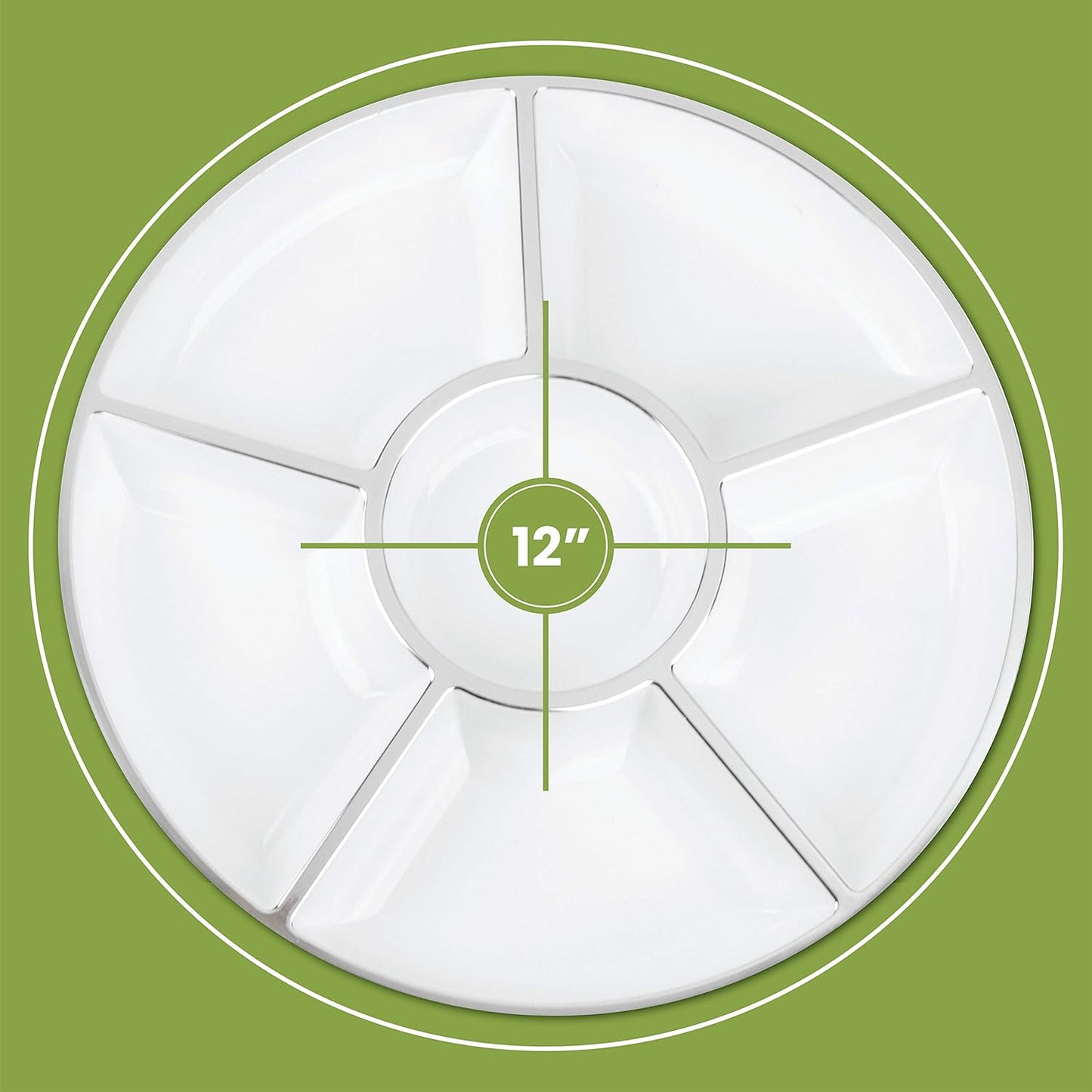 Plasticpro 6 Sectional Round Plastic Serving Tray/Platters White & Silver Pack of 2