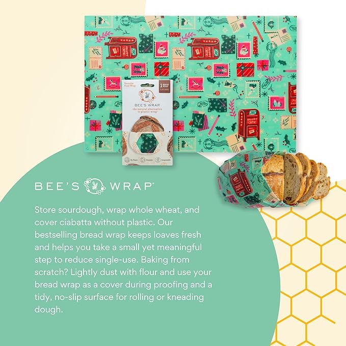 Bee's Wrap Beeswax Wraps for Food - Seasons Greetings Bread Wrap - Made in USA Reusable Bread Storage Bags - Organic & Eco-Friendly Alternative to Aluminum Foil, Sourdough Bags & Plastic Wrap