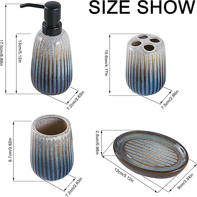 Bathroom Accessories Sets Complete -Set 4 Pcs, Ceramic Bathroom Accessory Bath Ensemble Includes Soap Dispenser, Toothbrush Holder, Toothbrush Cup, Soap Dish for Modern Bathroom Home Decor