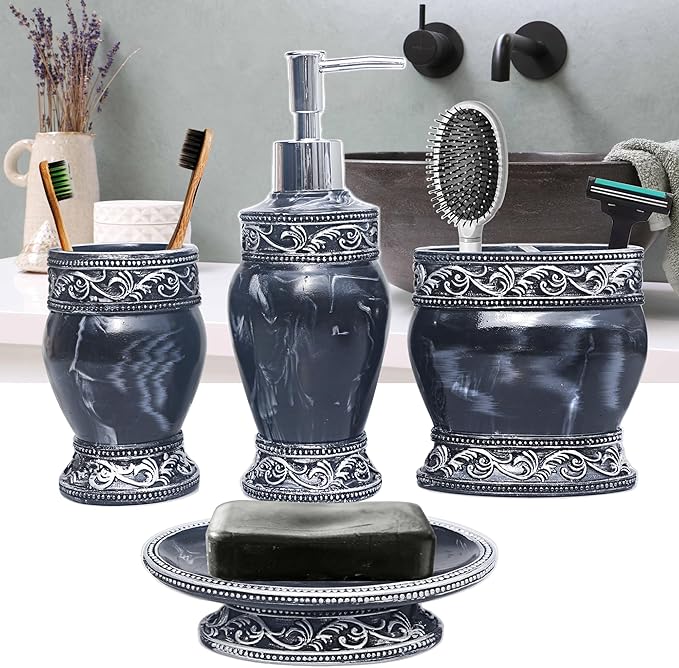 Bathroom Decor Accessories Set,4 PCS Including Soap Dispenser, Toothbrush Holder, Tumbler and Soap Dish, Black and White