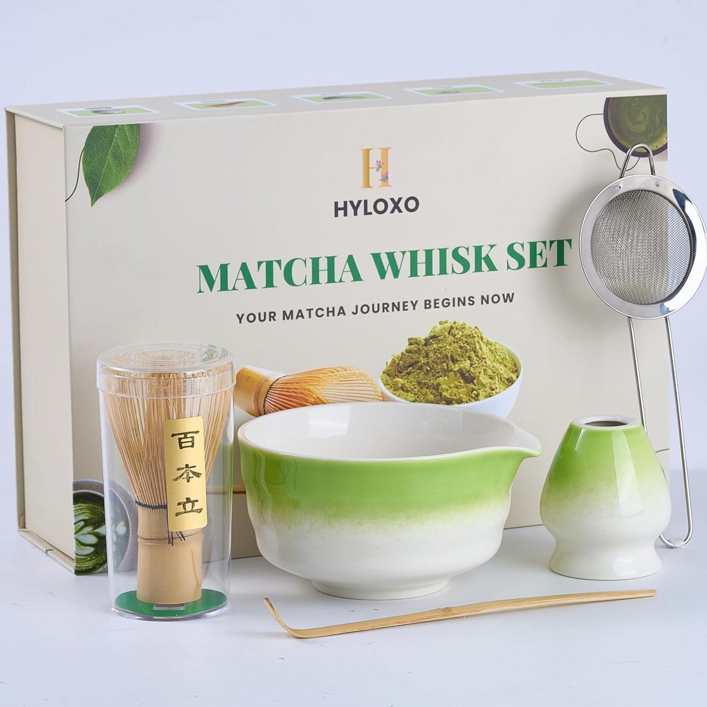 Matcha Whisk Set - 5 Pcs Matcha Kit with Bowl, Japanese Matcha Set, Matcha Bowl with Spout, Matcha Whisk, Chasen Holder, Sifter and Bamboo Scoop, Tea Gift Ceremony Sets for Matcha Lovers