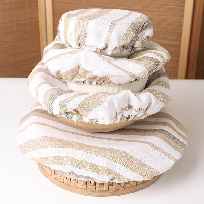 100% Linen Bowl Covers Reusable For Bread Proofing, 4 Pcs Elastic Cloth Fabric Colorful Stripe Bowl Covers, 5.9 * 7.9 * 9.8 * 11.8 Inches, Colorful 1