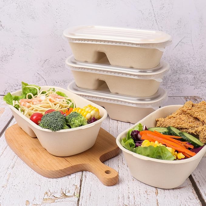 32 oz Disposable bowls with lids, 2 compartments Sugarcane Fiber Food Container, Food Storage, 50 Pack
