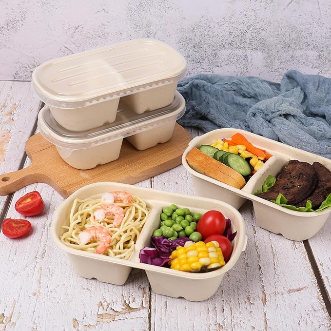 23 oz Disposable bowls with lids, 2 compartments Sugarcane Fiber Food Container Food Storage 50 Pack