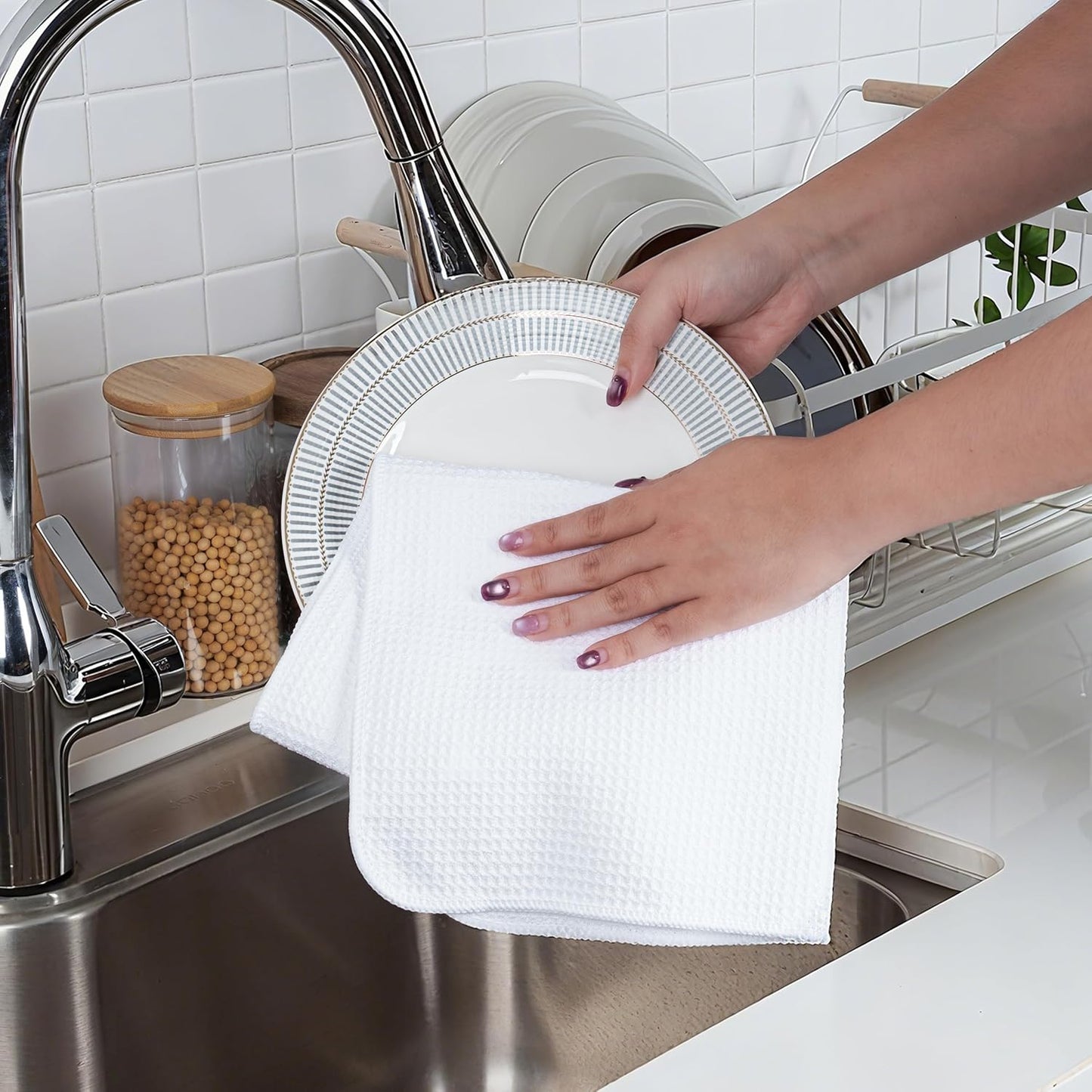 POLYTE Premium Microfiber Kitchen Dish Hand Towel Waffle Weave 12 Pack (16x28 in, White)