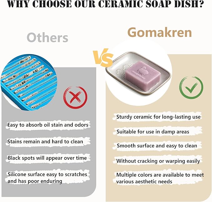Gomakren Soap Dish for Shower, Ceramic Soap Dishes for Bar Soap Sponge, Shower Soap Holder Saver Tray for Bathroom Kitchen Sink, Easy to Clean, Beige